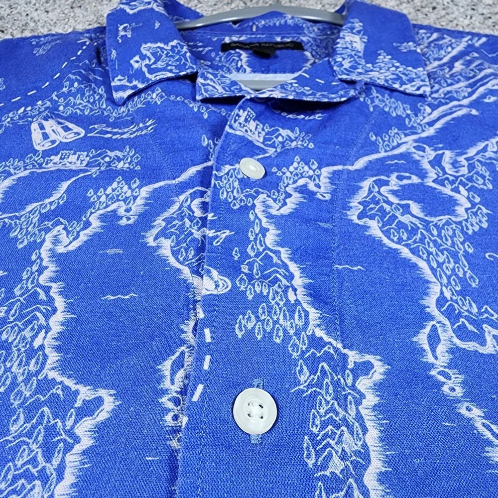 Banana Republic Button Up Shirt Mens L Blue Map Print Linen Blend Excellent